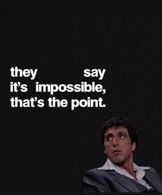 ers face is turned to the left, with a quote from "They Say It's Impossible That's the Point" written above it against a black background.