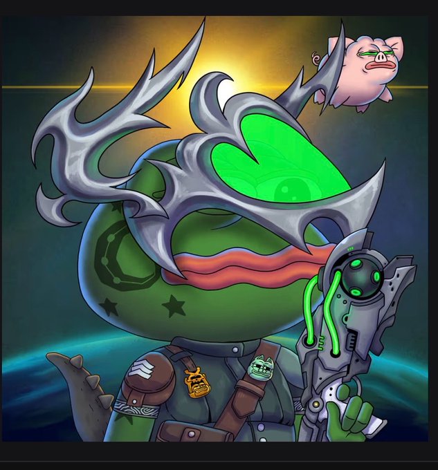The image features a cartoon character wearing a helmet that has a skull design on it. The character also has a gun attached to their back, which they are holding up with one hand while pointing at something else in the image. The background of the image is dark and blurry, making it difficult to see what's happening around the character. There is no text present in the image.