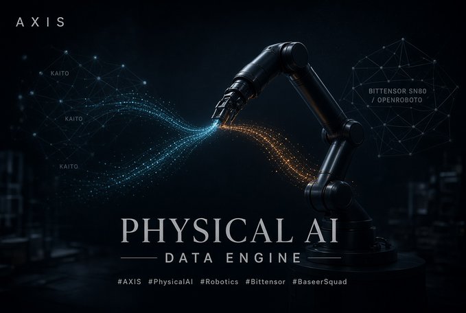 A promotional graphic for 'AXIS Physical AI Data Engine' showing a robotic arm with blue and orange data streams, featuring text 'BITTENSOR SN80 / OPENROBOTO' and hashtags #AXIS #PhysicalAI #Robotics #Bittensor #BaseerSquad.