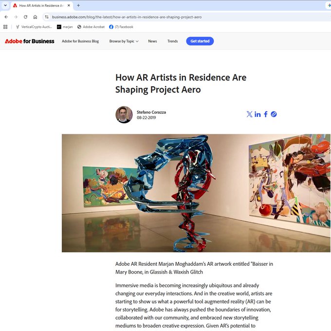 A screenshot of an Adobe for Business blog post titled 'How AR Artists in Residence Are Shaping Project Aero' by Stefano Corazza, dated 08-22-2019, featuring an AR artwork sculpture.