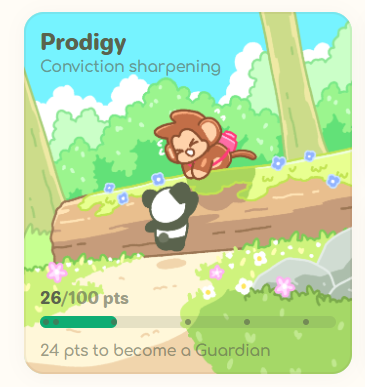 A Duolingo-style app screen showing a 'Prodigy' quest titled 'Conviction sharpening' featuring a cartoon monkey, a panda avatar, and a progress bar at 26/100 points.