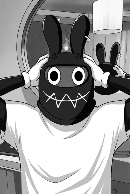 The image features a man wearing a mask with rabbit ears, which has a smiley face design. The man appears to be holding his head up high while standing in front of a mirror. The caption reads "OMG COINBASE IS BRINGING NATIVE $INJ. THIS IS THE BEGINNING OF SOMETHING GREAT. NOW THE US COULD FINALLY EXPERIENCE THE BEST FINANCIAL TECH THE WORLD HAVEN ANYMORE.", which seems to be related to the mask and its design. The image is a black and white illustration with a humorous twist that adds an element of surprise or amusement for the viewer.