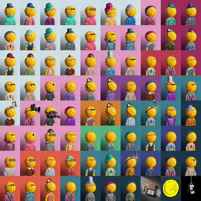 A grid of similar cartoon yellow emoji-like character NFTs in various outfits (hats, glasses, shirts) with different colored gradient backgrounds, plus some accessories shown in the bottom right.