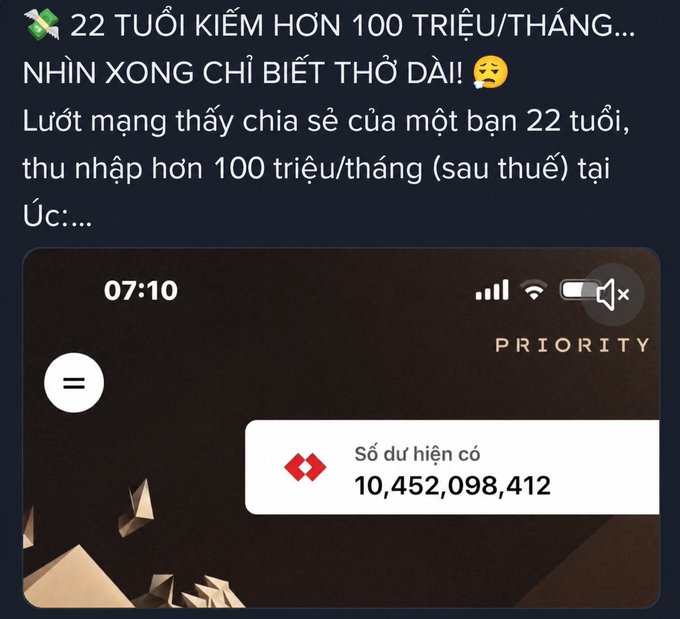 A Vietnamese social media post showing a 22-year-old who earned over 100 million VND/month after tax, featuring a screenshot of a Priority bank app displaying a balance of 10,452,098,412.