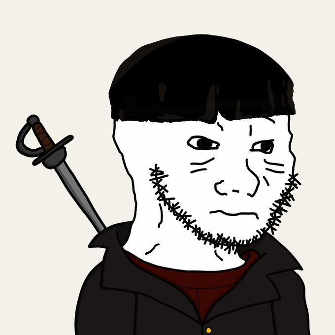 A crude digital drawing of a Wojak-style character with a bowl cut, stitched-up face and beard, wearing a dark jacket with a sword strapped to its back.