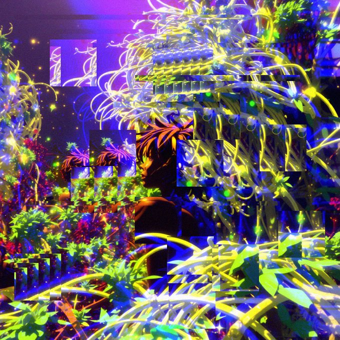 A vibrant, psychedelic digital artwork depicting a woman surrounded by glowing plants, leaves, and fragmented geometric shapes in neon colors.