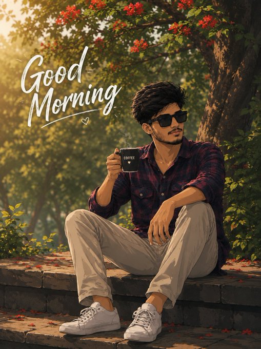 An anime-style illustration shows a man with dark hair and sunglasses sitting on stone steps, holding a coffee mug, with the words 'Good Morning' written in white cursive script alongside a small heart.
