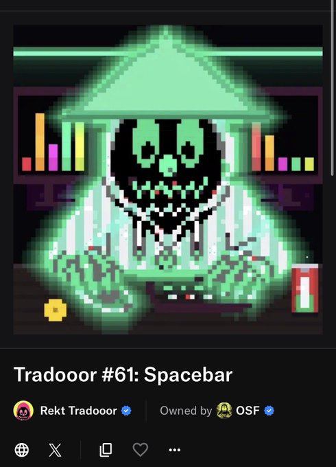 A pixelated skeleton figure wearing a green wizard-like hat and robe, surrounded by green glow effects, is displayed on what appears to be a crypto marketplace listing titled "Tradooor #61: Spacebar," created by Rekt Tradooor and owned by OSF. The image relates to the celebratory post about receiving an honorary Tradooor NFT, representing the $REKT community milestone highlighted by the author.