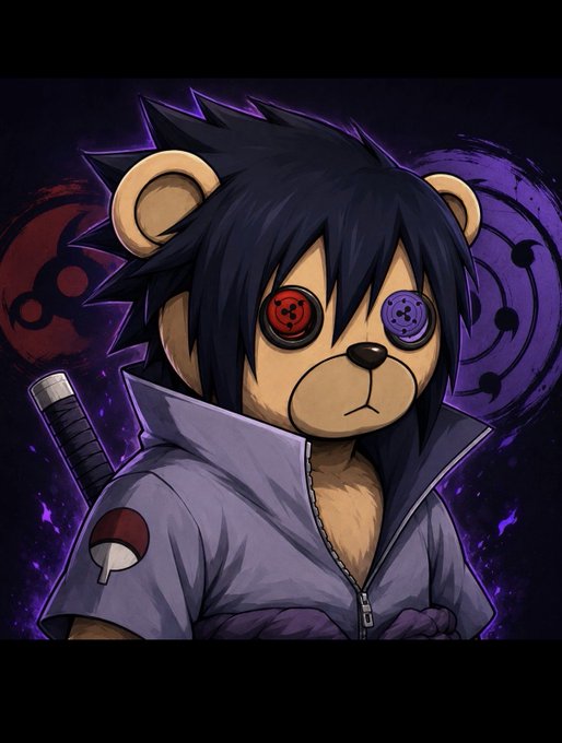Digital illustration of an anime-style character with spiky black hair, wearing a gray jacket with a sword on his back, featuring one red Sharingan and one purple Rinnegan eye against a dark purple background.