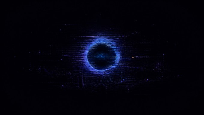 A glowing blue digital eye with horizontal scan lines set against a dark, starry background, resembling a cyber or AI-themed graphic.