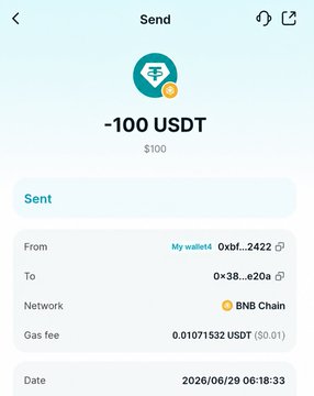 Screenshot of a crypto transaction confirmation showing -100 USDT ($100) sent on BNB Chain with a 0.01071532 USDT gas fee on 2026/06/29, serving as proof of a previous giveaway winner's payment. The address shown (0xbf...2422) is the sender's wallet, illustrating fulfillment of the 100 USDT prize promised in the giveaway.