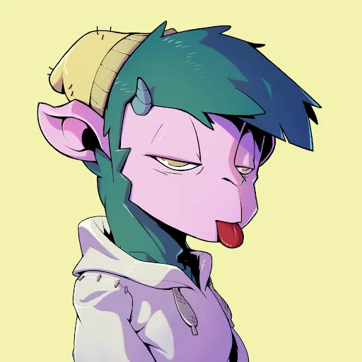 An anime-style illustration of a purple-skinned character with teal hair, small horns, and a yellow beanie, sticking their tongue out while wearing a white hoodie against a yellow background.