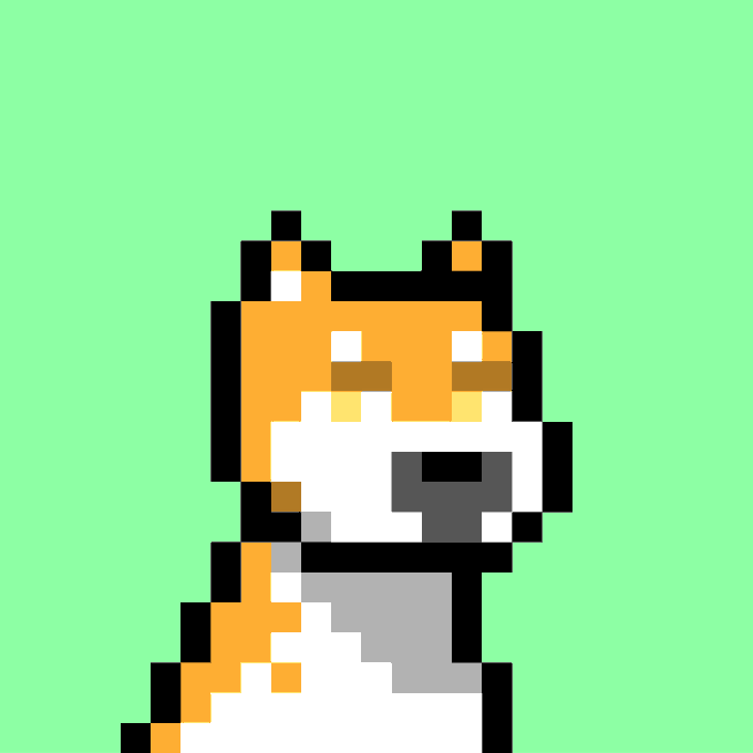 A pixel art illustration of an orange and white fox or dog character with a black nose, set against a light green background.