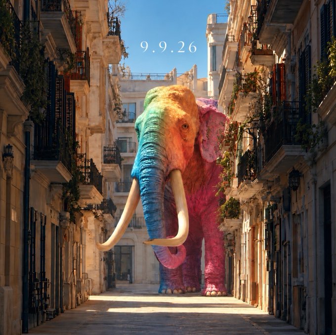 A vibrant, rainbow-colored mammoth statue standing in a narrow, classical European street between ornate apartment buildings, with the date '9.9.26' displayed in the sky.