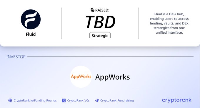 Fluid announced a strategic funding round with an amount TBD, and AppWorks is listed as an investor. The image visually confirms the strategic round for Fluid, a DeFi hub as described in the accompanying post.