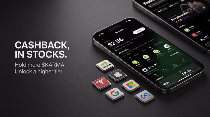 A promotional graphic displays 'CASHBACK, IN STOCKS. Hold more $KARMA. Unlock a higher tier.' alongside a smartphone showing a stock trading interface and physical app icons for Nvidia, Apple, Tesla, Microsoft, Google, and Meta.