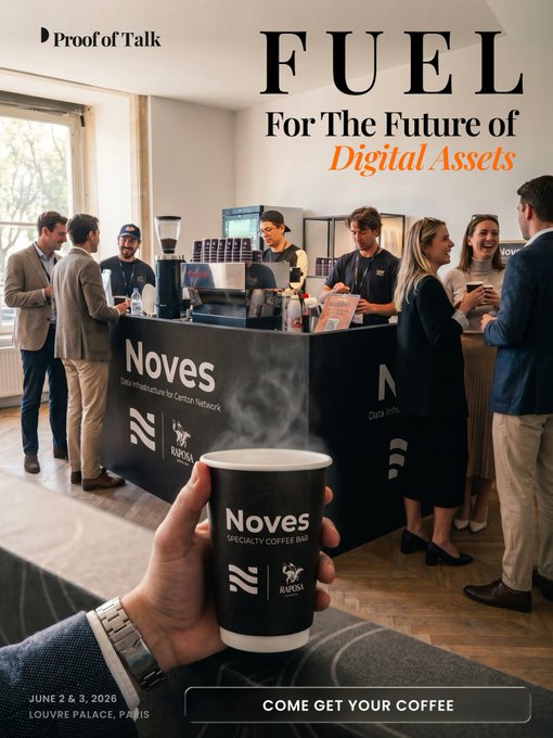 The image features a poster with a hand holding a coffee cup, which has "Noves" written on it. The poster also includes text about fuel for the future of digital assets. There are people standing around the poster, possibly attending an event or gathering related to this topic.
