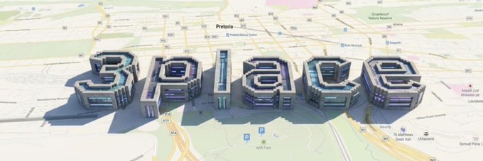 The image shows a Google Maps 3D view of Pretoria, South Africa, where the buildings spell out "3PLACE" to visually match the "$#3place" ticker featured in the post, emphasizing the $250k token that surged 750% within a day.