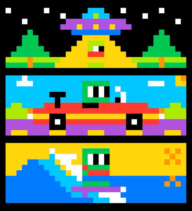 A retro-style pixel art illustration divided into three horizontal panels showing a UFO, a UFO car, and a UFO surfer in colorful, blocky graphics.