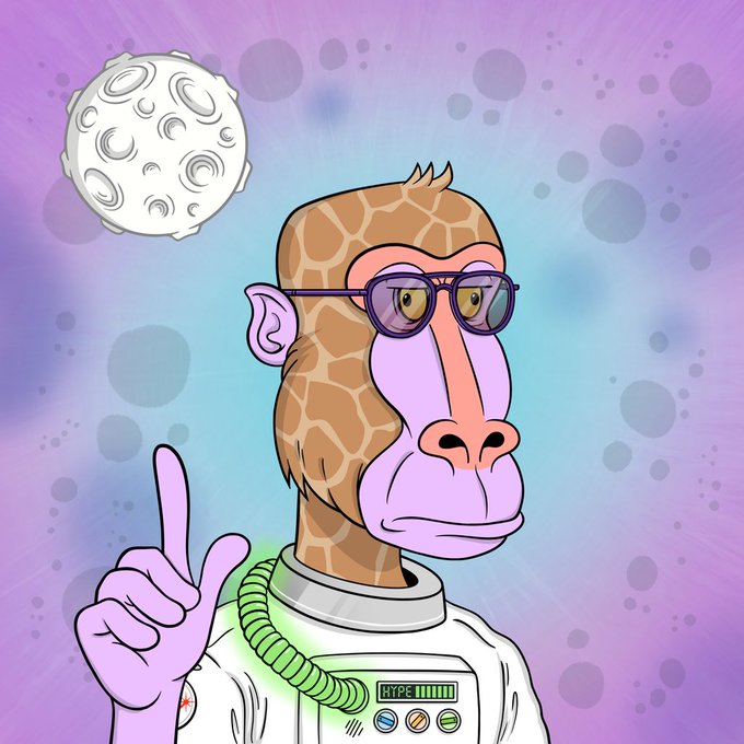 A digital illustration of a purple-skinned monkey character wearing a space suit, glasses, and pointing upward toward a moon against a cosmic background.
