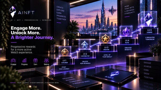 A promotional graphic for 'AINFT' featuring the tagline 'Engage More. Unlock More. A Brighter Journey.' with a progression system from LV.1 Explorer to LV.5 Legend against a futuristic cityscape backdrop.