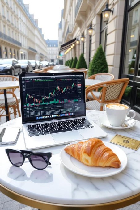A laptop displaying a candlestick trading chart sits on a marble café table alongside a coffee, croissant, sunglasses, and smartphone in a Parisian street setting. The image reflects the post's theme of financial practicality and stability, with the trading chart symbolizing crypto markets while the everyday café scene mirrors how stablecoins aim to make digital assets usable for routine spending.