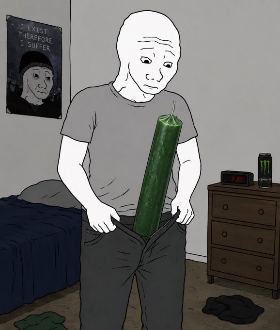 The image features a man standing in his bedroom, wearing a gray shirt and holding a green cylinder of wax or candle in one hand while his pants are down with his other hand in his pocket. The room has a bed visible in the background, suggesting that he is in a bedroom setting. The post reads "WOJAK IS BREWING HERE", which could be interpreted as a reference to the wax or candle being burned by Wojak himself.