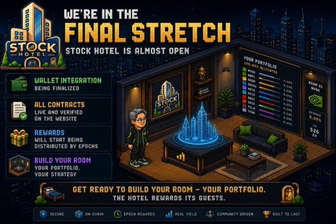 A promotional graphic titled "WE'RE IN THE FINAL STRETCH" advertising "STOCK HOTEL," featuring a pixel-art hotel lobby, a portfolio section listing tickers like NVDA, AAPL, GOOG, TSLA, META, SPGI, and TSLA, with text noting wallet integration, contracts, rewards, and "EPOCH REWARDS."