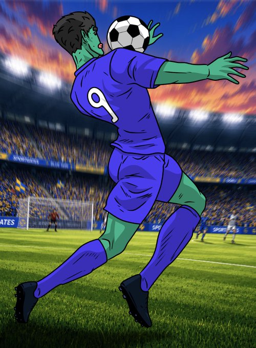 An illustrated anime-style soccer player wearing a blue jersey with the number 9, heading a ball during a match in a packed stadium at sunset.