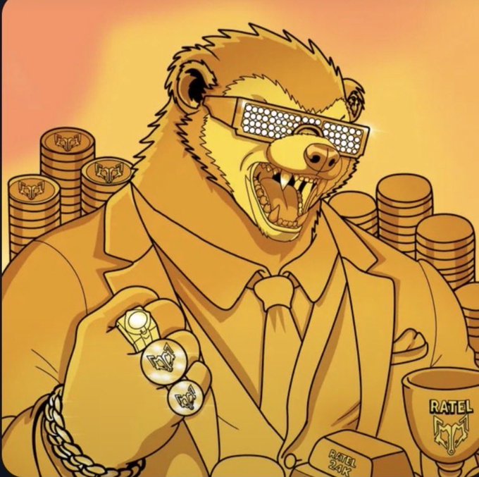 A cartoon illustration of a honey badger wearing rhinestone sunglasses and a gold chain, holding gold coins with fox logos, set against an orange background with gold coin stacks and a 'RATEL' coffee mug.