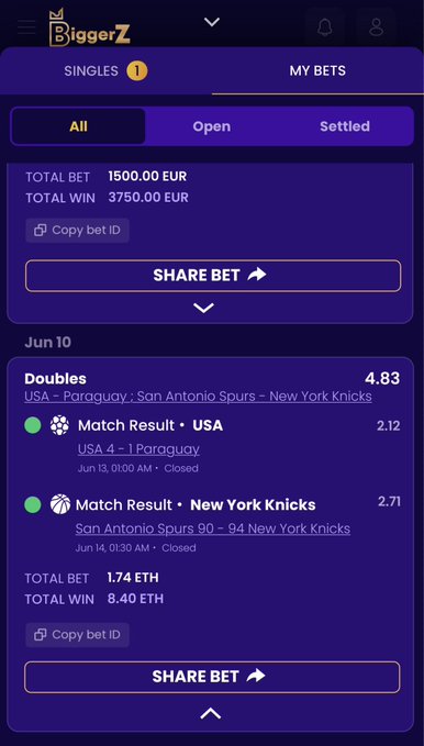 The image shows two cell phone screens displaying information related to a doubles bet between the New York Knicks and the USA. The screens show that the total amount won by each player, as well as their respective points and the total amount won by both teams combined. One screen also displays the results of the match in detail, including the scores and the final outcome. The post about the doubles bet mentions a few players involved, such as Paraguay, the USA, and the Spurs, with the text "Parlayed USA destroying Paraguay 4-1 with the Knicks edging the Spurs in overtime Both legs hit 1.74 $ETH → 8.4 $ETH in a single night The beautiful thing about a doubles bet is you need everything to go right and somehow everything went right @biggerzofficial been printing".