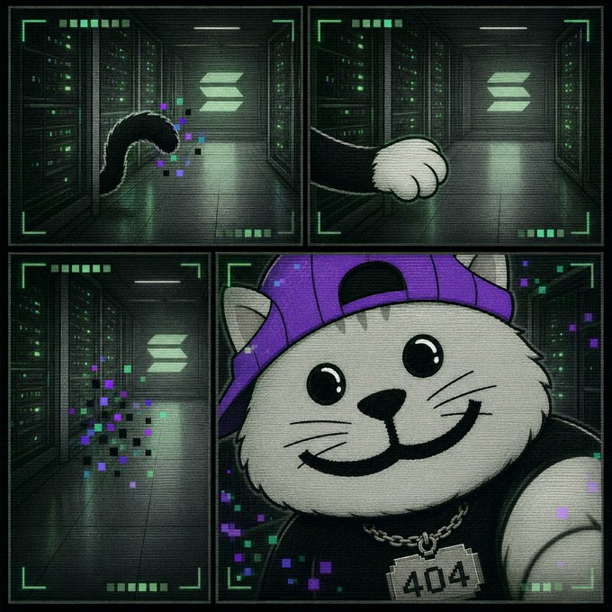 A four-panel comic-style digital illustration set in a green-lit server room hallway; the top-left panel shows a paw emerging with pixelated glitch effects, the top-right shows the paw extending forward, the bottom-left shows glitch particles dispersing, and the bottom-right reveals a smiling white cat character wearing a purple cap and a "404" dog tag necklace.