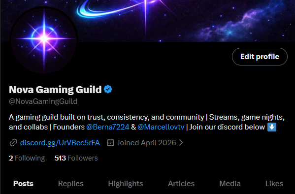 Twitter/X profile for 'Nova Gaming Guild' (@NovaGamingGuild) with a cosmic purple avatar, describing it as 'A gaming guild built on trust, consistency, and community,' founded by @Berna7224 and @Marcelovtv, joined April 2026 with 513 followers.