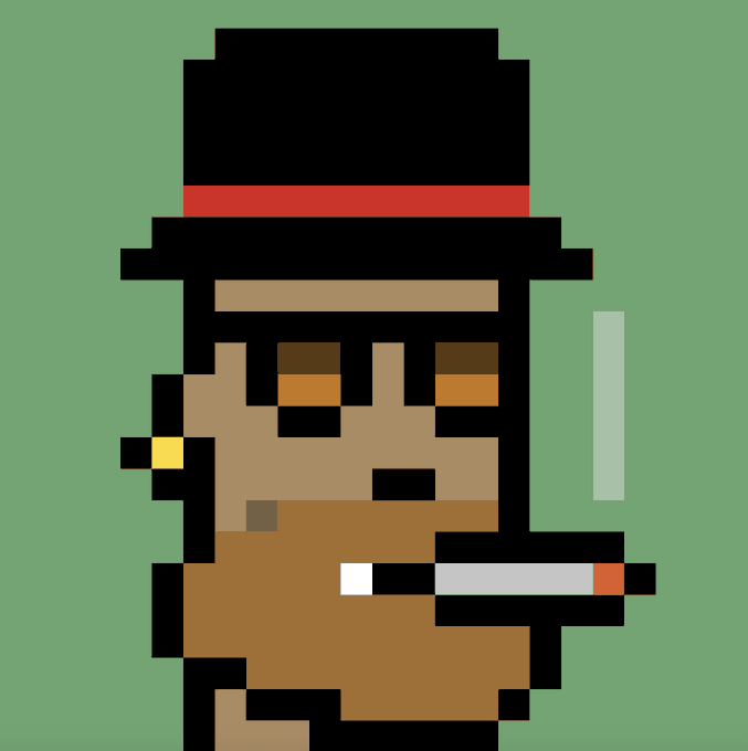 A pixel art illustration of a character wearing a black top hat and smoking a cigarette against a green background.