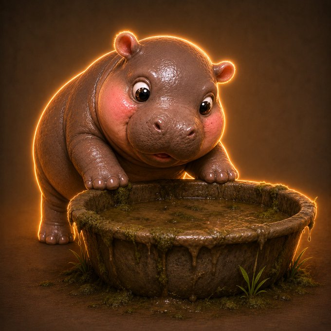 A computer-generated image portrays a cartoonish, stoutly built, brown hippo gazing over a moss-accented pool resembling a puddle, indicating that it is a meme. The background is a neutral, brown color, which provides no context clues as to where the image is supposed to be, and the hippo-like character has a golden-colored outline all around it. This hippo is "HIPPOTA", the mascot for the $HIPPOTA memecoin mentioned in the caption.  The hashtag #solana refers to the Solana blockchain, indicating that the $HIPPOTA memecoin  is built on the Solana blockchain platform.  The accompanying hashtag #pumpfun may refer to the Pump Fun website, which is a decentralized platform that enables users to create meme coins on the Solana blockchain.