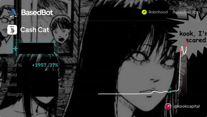 A screenshot from basedbot.app showing CashCat portfolio at +1957.37% total gains, overlaid on a dark manga panel showing a tense woman's face saying "kook, I'm scared," with a dramatic spike chart illustrating the windfall gains from crypto that the post celebrates before pivoting into stocks.