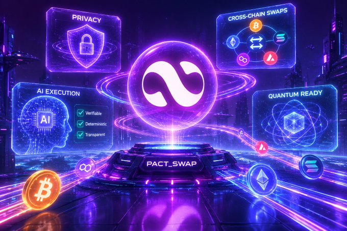 A futuristic neon-lit digital display showcases the "PACT_SWAP" platform, highlighting four core pillars—"PRIVACY," "CROSS-CHAIN SWAPS," "AI EXECUTION" (featuring verifiable, deterministic, and transparent attributes), and "QUANTUM READY"—surrounded by cryptocurrency symbols including Bitcoin and Ethereum. The image visually represents the evolution of DeFi infrastructure by illustrating how privacy enhancements, seamless cross-chain interoperability, AI-driven verifiable execution, and quantum-resistant security are converging into a single advanced trading ecosystem.