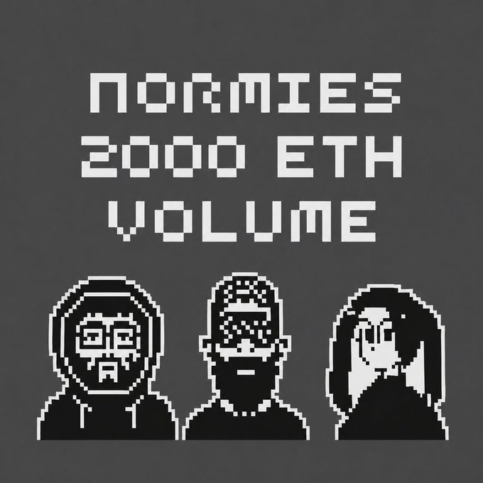 The image features three black and white characters, each with a different hairstyle or facial expression, standing next to each other against a gray background. The text "NORMIES 2000 ETH VOLUME" is displayed above them, indicating that they are part of a series or collection related to the Normies 2000 Eth community. The post also mentions that NFTs (Non-Fungible Tokens) are not dead and that there's more to come in this series.