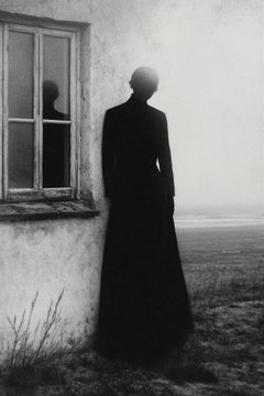 A black-and-white artistic photograph showing a silhouetted figure with a featureless head standing before an old building with a multi-paned window, with their reflection visible in the glass.