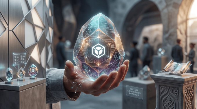 A hand holds a large, glowing, transparent crystalline object with a cube symbol inside, set against a futuristic sci-fi environment with people in the background and smaller glowing crystals on nearby pedestals.