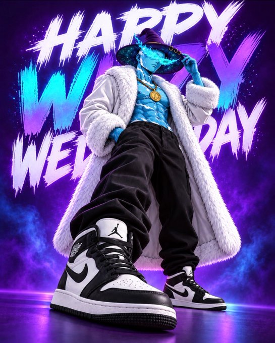 A vibrant digital illustration of a character with blue skin wearing a purple witch hat, white fur coat, gold chain, and Air Jordan 1 black and white sneakers, with 'HAPPY WEDNESDAY' text in the background.
