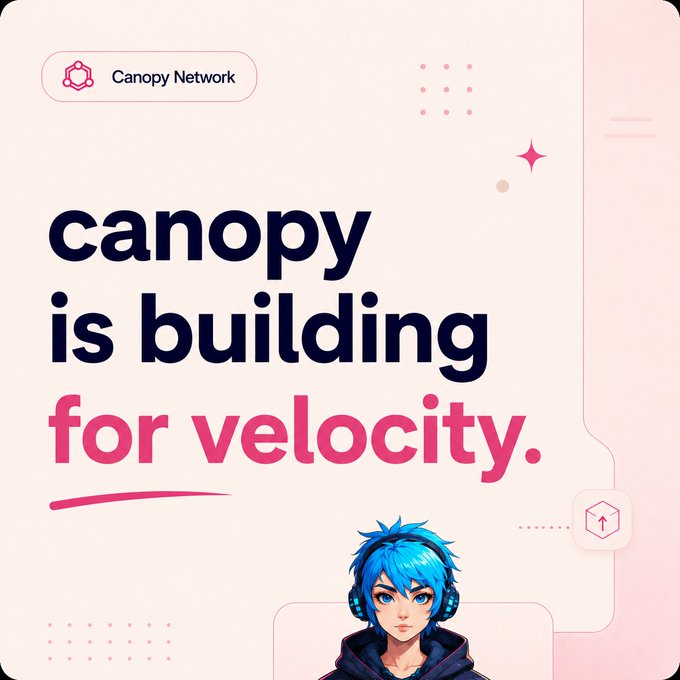 A stylized graphic featuring the Canopy Network logo and large text reading "canopy is building for velocity," with an illustrated character with blue hair at the bottom. The image promotes Canopy Network's focus on delivering real infrastructure value over hype, visually emphasizing their momentum-driven branding as the caption questions whether the project can keep builders engaged long-term.