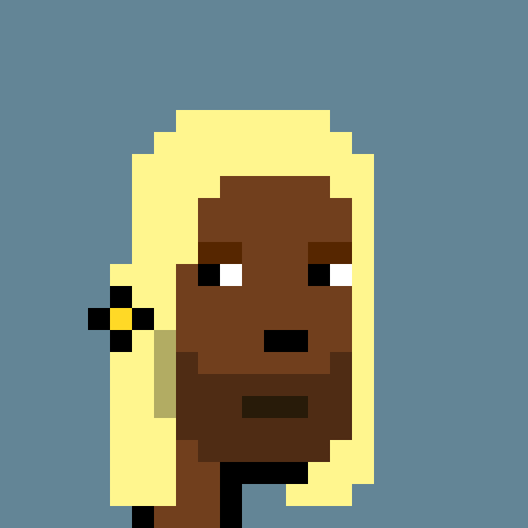 A pixel art portrait of a dark-skinned figure with long blonde hair and a solemn expression against a muted blue-gray background.