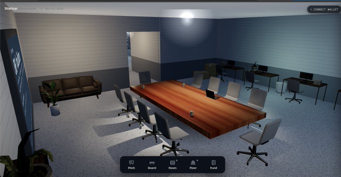 A screenshot of a virtual meeting room interface called 'Startup' showing a 3D-rendered office space with a long wooden conference table, chairs, desks with computers, and a sofa, with navigation icons at the bottom.