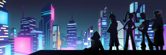 An animated nighttime cityscape with neon-lit skyscrapers in pink and blue, featuring silhouettes of five characters standing in the foreground.