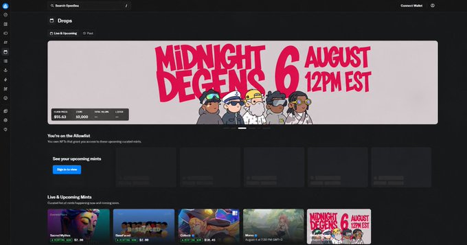 A promotional landing page for "Midnight Dgens" on OpenSea announces an upcoming August 6 12PM EST launch, featuring a banner with cartoon avatars, an "You're on the Allowlist" message, and a showcase of live/upcoming mints including "Soneium On Pink," "Retardio Cousins," and "Mirandus" alongside the countdown banner.