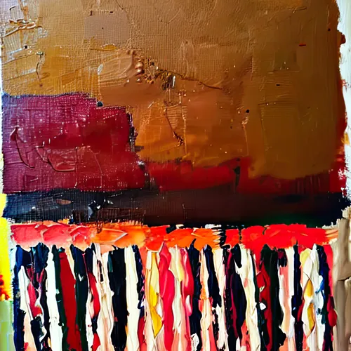 An abstract mixed-media artwork featuring a textured brown upper section, a deep red horizontal band, and vertical dripping stripes in red, white, yellow, and black, creating a layered, painterly composition.