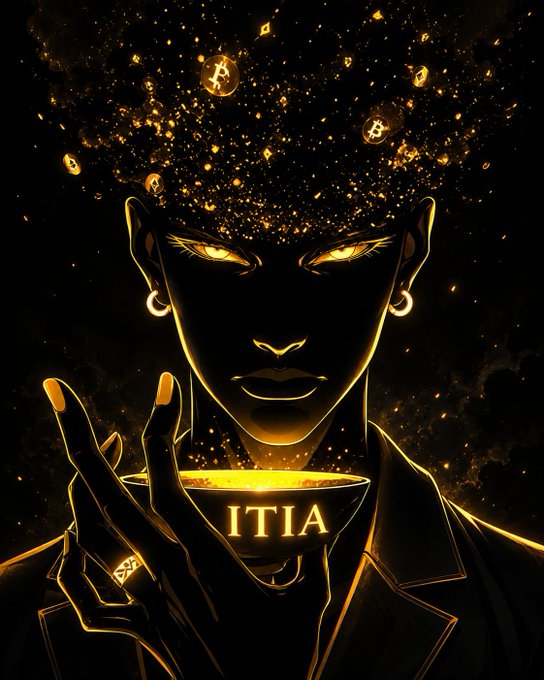 The image features a woman with yellow eyes, wearing a black jacket and holding a cup of gold liquid. The background is dark and filled with small particles floating around her head. The caption below the image reads "Happy weekend ITIA family Keep creating. Keep building. Keep winning together This movement is just getting started and already feels legendary. I THINK IT’S ART @IThinkItsArt Drop your best creation or vibe below #ITIA".