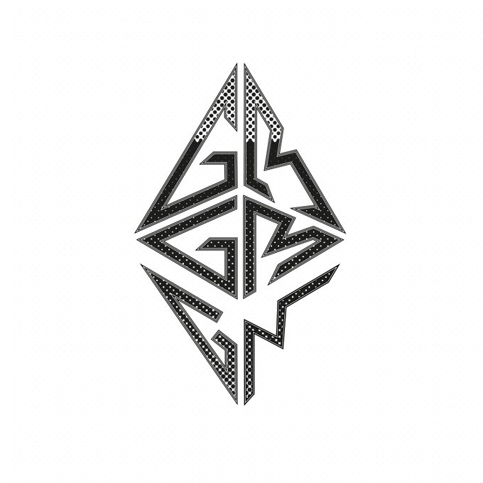 A black and white geometric logo resembling a stylized diamond or arrow shape made of angular, segmented lines.