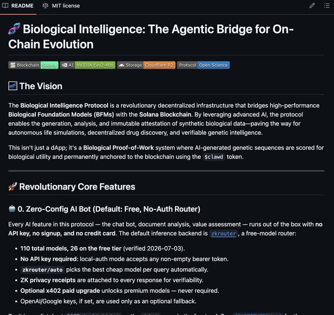 The image shows a GitHub README page for the "Biological Intelligence: The Agentic Bridge for On-Chain Evolution" project, featuring tags for Solana, AI, NVIDIA Evo2-40b, Cloudflare R2, and Open Science protocols. It highlights zero-config AI bot capabilities with 110 weekly models, no API key required, zkrouter integration, and x402 paid upgrades—visually presenting the technical infrastructure described in the post about bridging Biological Foundation Models with the Solana blockchain.